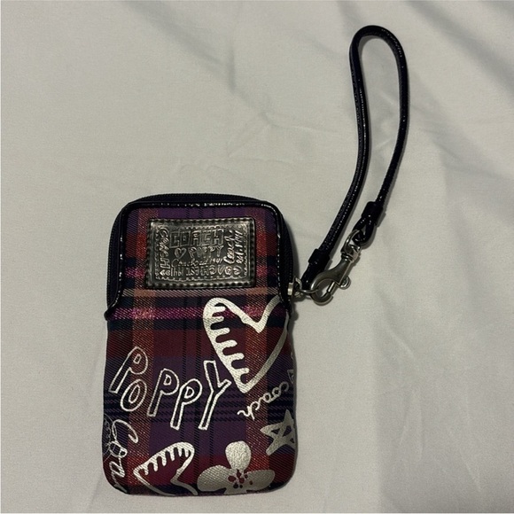 COACH Poppy Tartan purple plaid wristlet purple pink - Picture 2 of 11